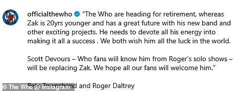 Zak's sacking comes just months ahead of the legendary bands farewell tour across North America and Pete revealed Scott Devours will replace him on drums