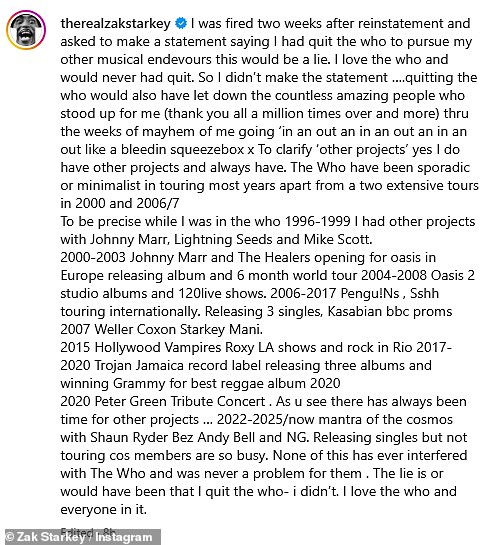 Zak has since claimed his departure was not a mutual decision and that he was fired from the band