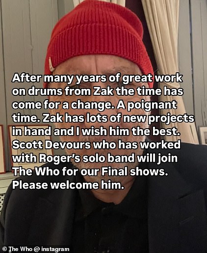 The statement read: 'After many years of great work on drums from Zak the time has come for a change. A poignant time. Zak has lots of new projects in hand and I wish him the best'