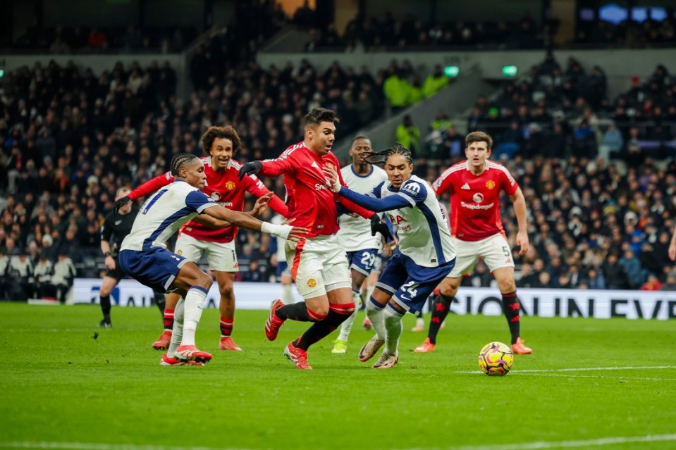 Casemiro of Manchester United and Djed Spence of Tottenham Hotspur Premier League 2024/25 Tottenham v Manchester United Tottenham Hotspur Stadium 16.02.2025 Photograph By Marc Aspland The Times
