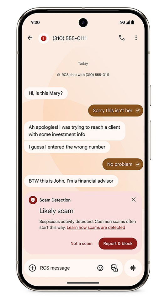Illustration of a phone screen showing a scam detection warning during an RCS chat.