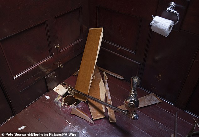 The exhibition allowed visitors to look at and even sit on the statement toilet, which was designed by artist Maurizio Cattelan and plumbed in the palace, near the room where Winston Churchill was born (pictured: the empty space left after the toilet was taken)