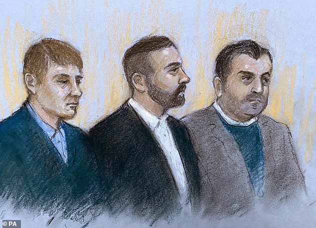 Court artist sketch of (left to right) Michael Jones, Fred Doe, who were found guilty, and Bora Guccuk, who was found not guilty