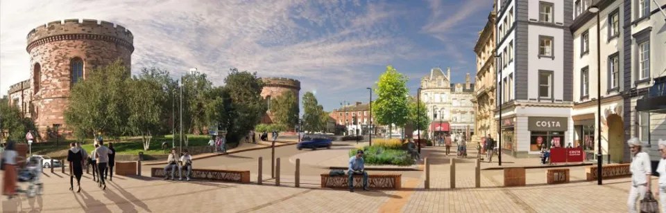 Illustration of a town square redesign, showing new landscaping and pedestrian areas near historic buildings.