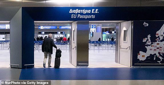 EU - Schengen Zone Countries and Non-EU countries Passport control at the Greek capital, Athens International Airport ATH LGAV in Greece, on July 28, 2020.  There are gates with visible symbols, signs, flags and inscription of EU - Schengen zone countries. Greece lifted coronavirus Covid-19 pandemic travel ban restrictions gradually to jumpstart the tourism industry and summer season but with many testing units at the country's entry points and obligatory quarantine to passenger from high-risk countries. (Photo by Nicolas Economou/NurPhoto via Getty Images)