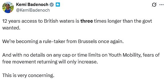 Kemi Badenoch pointed out that 12 years of fishing rights would be three times longer than the Government originally wanted