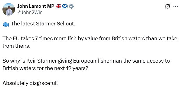 Scottish Tory MP John Lamont said the fishing terms were the 'latest Starmer sellout'