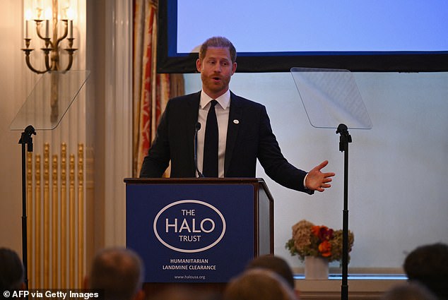 Harry speaks at the HALO Trust in September last year. He remains focused on his charity work