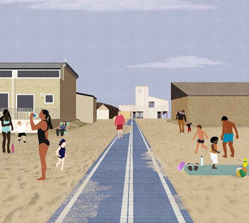 Illustration of a new Camber Sands Welcome Centre and beach access.