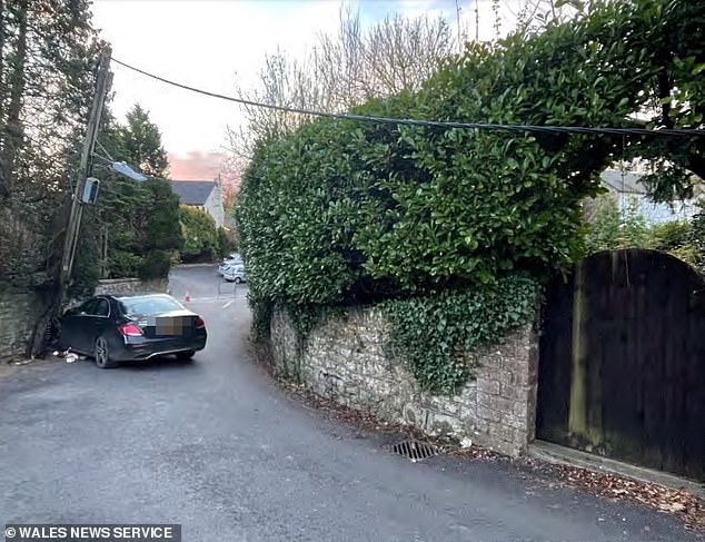 Pictured: The MP's car which crashed into the lamppost in November 2021