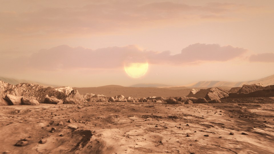 Illustration of a rocky, arid alien planet landscape at sunset.