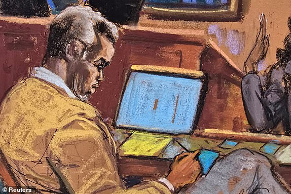 Sean "Diddy" Combs listens as singer Dawn Richard testifies about seeing him strike his then-girlfriend Casandra "Cassie" Ventura, at Combs' sex trafficking trial in New York City, New York, U.S., May 19, 2025 in this courtroom sketch. REUTERS/Jane Rosenberg