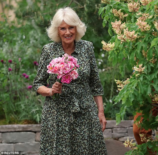 Queen Camilla was wearing a green left print dress by Fiona Clare London