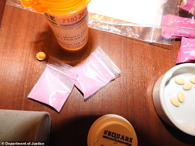 Other images show a mysterious pink powder in small bags alongside pills and pill bottles