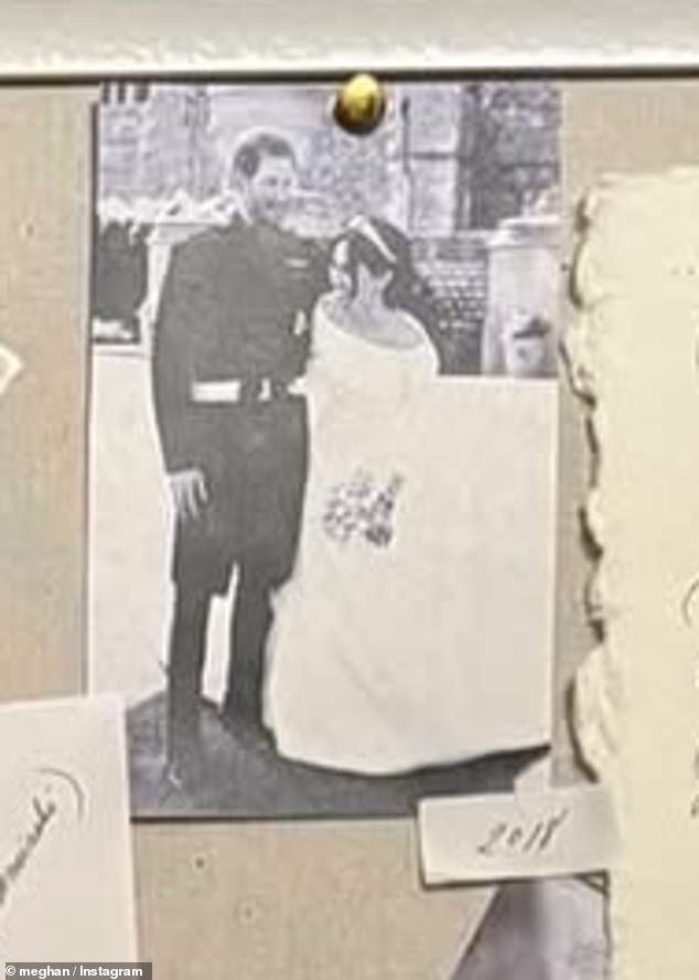 Meghan included a photograph of herself and Harry on their wedding day in May 2018