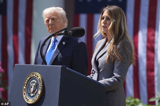 First lady Melania Trump (right) spoke at a bill signing Monday for the 'Take it Down Act,' something she lobbied for on Capitol Hill earlier this year