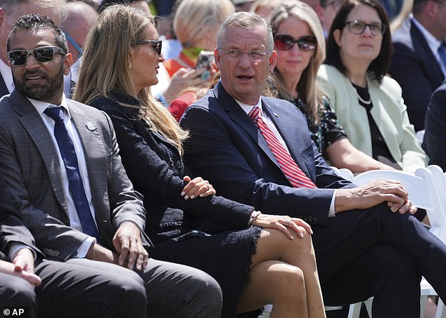 FBI Director Kash Patel (left), Small Business Administration Kelly Loeffler (center) and VA Secretary Doug Collins (right) attended the signing ceremony Monday for the 'Take It Down Act'