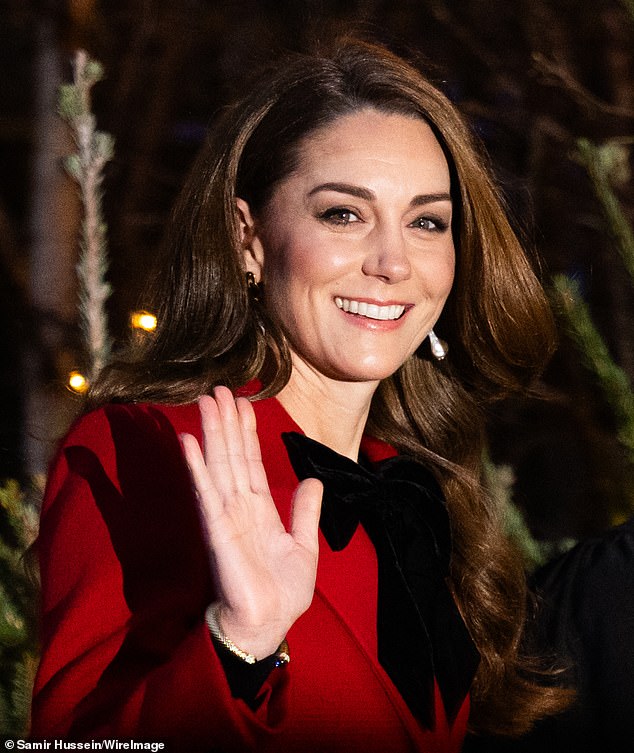 Gabriella - the daughter of Prince and Princess Michael of Kent, and the second cousin of King Charles, said the Princess of Wales was 'lovely to work with' and called the royal invitation an 'honour'; Kate pictured at her annual Christmas concert last year