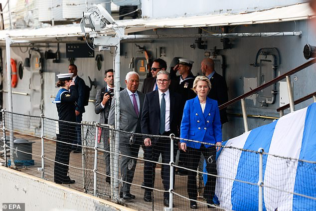 European Council President Antonio Costa, British Prime Minister Keir Starmer and European Commission President Ursula von der Leyen arrive for a visit aboard the British Royal Navy's HMS Sutherland