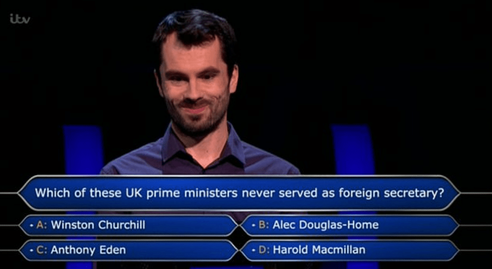 John Robinson on Who Wants To Be A Millionaire, answering a question about UK prime ministers.