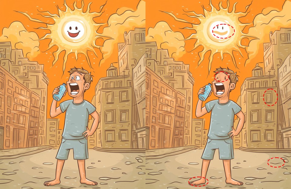Illustration of a spot-the-difference puzzle showing a person drinking water on a hot day.