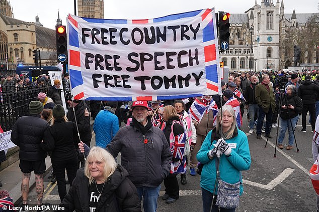 Tommy Robinson supporters during a protest in London on February 1, 2025