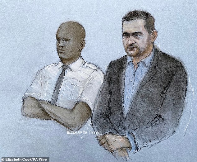 A court artist's drawing of Tommy Robinson at Woolwich Crown Court on October 28, 2024