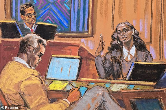 Singer Dawn Richard testifies about seeing Sean "Diddy" Combs strike his then-girlfriend Casandra "Cassie" Ventura, before U.S. District Judge Arun Subramanian at Combs' sex trafficking trial in New York City, New York, U.S., May 19, 2025 in this courtroom sketch. REUTERS/Jane Rosenberg