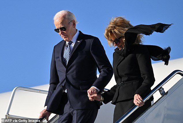 US President Joe Biden and First Lady Jill Biden step off Air Force One