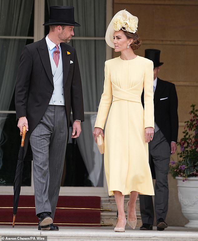 The Princess of Wales oozed glamour as she arrived at a garden party at Buckingham Palace this afternoon alongside Prince William