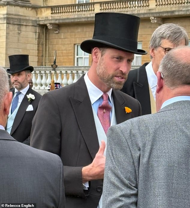 Prince William was dressed in smart attire as he joined his wife for her garden party return