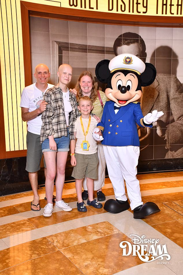 Liz, pictured with her mother Vicky, stepfather Aaron and little brother Mateo in Disneyland