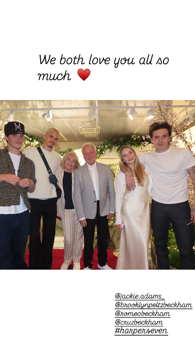 Brooklyn (right) with his siblings and his grandfather Tony (centre) and a photo posted on Instagram by his mother Victoria