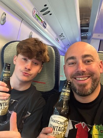 A father and son posed with their drinks as they begin their journey to Europa League final