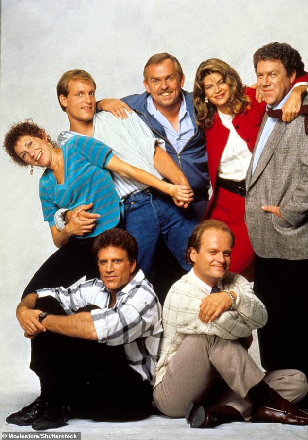 The legendary actor, played the beloved Norm Peterson on the hit NBC show from 1982-1993 and earned six consecutive Emmy nominations for the role - pictured top right with the cast - Rhea Perlman, Ted Danson, Woody Harrelson, John Ratzenberger, Kelsey Grammer, Kirstie Alley in the 1980s
