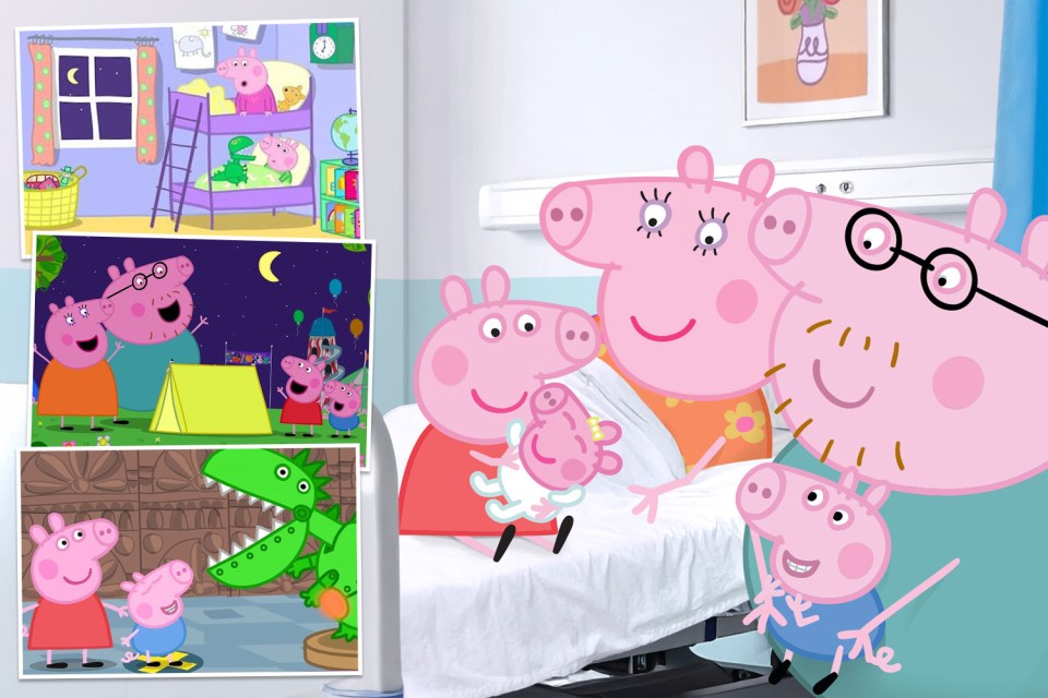 Collage of Peppa Pig family scenes, including a hospital scene with a new baby.