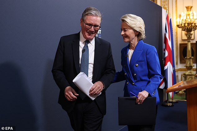 British Prime Minister Keir Starmer (L) and European Commission President Ursula von der Leyen (R) leave after holding a press conference following the UK-EU summit at the Lancaster House in London, Britain, 19 May 2025