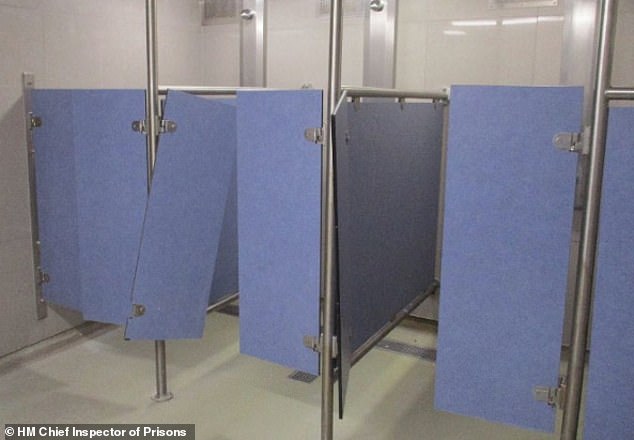 Broken shower cubicles inside Feltham, as seen during the March 2024 inspection
