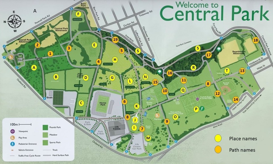 Map of Central Park showing numbered locations and paths.