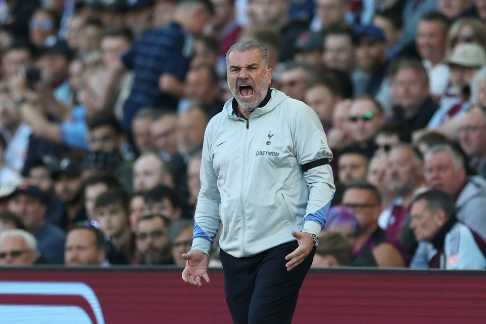 Ange Postecoglou, manager of Tottenham Hotspur, reacts during a match.