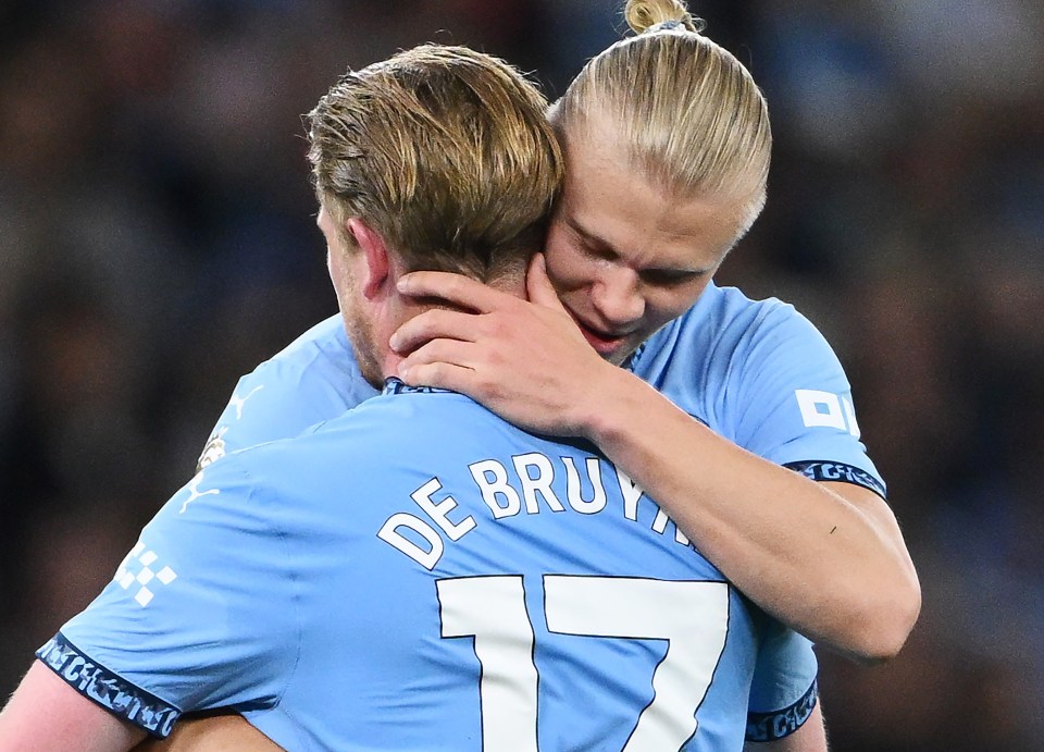 Kevin De Bruyne embraced by Erling Haaland after a Manchester City match.