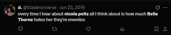 Over on Twitter others have tweeted over the years: 'every time I hear about nicola peltz all I think about is how much Bella Thorne hates her they're enemies'