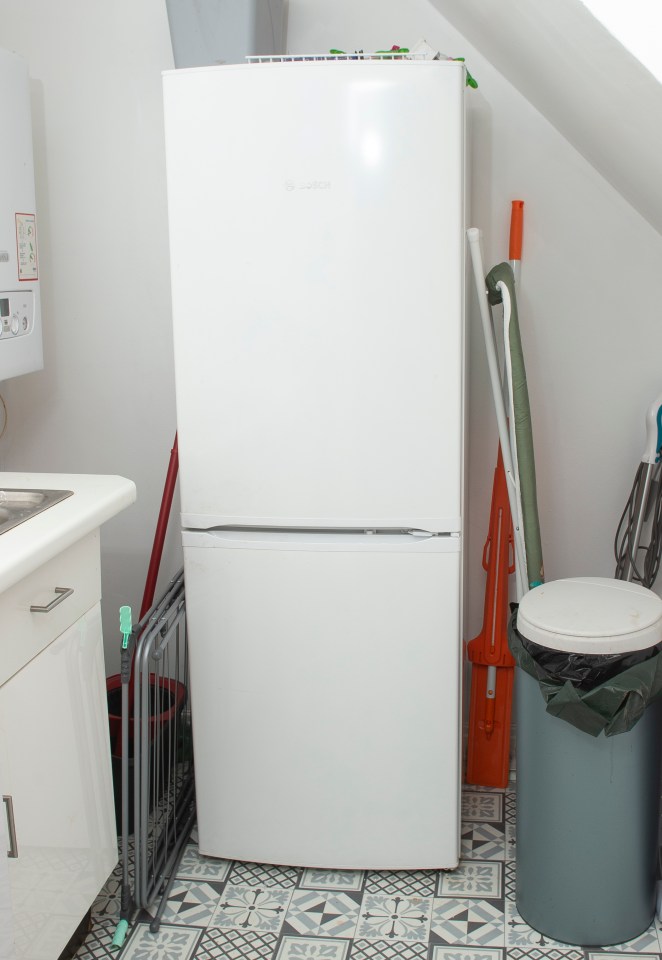 White Bosch refrigerator in a kitchen corner.