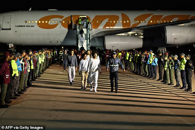 Since returning to the White House, Trump has conducted mass deportations. Pictured: Venezuelan migrants disembarking a plane after being deported