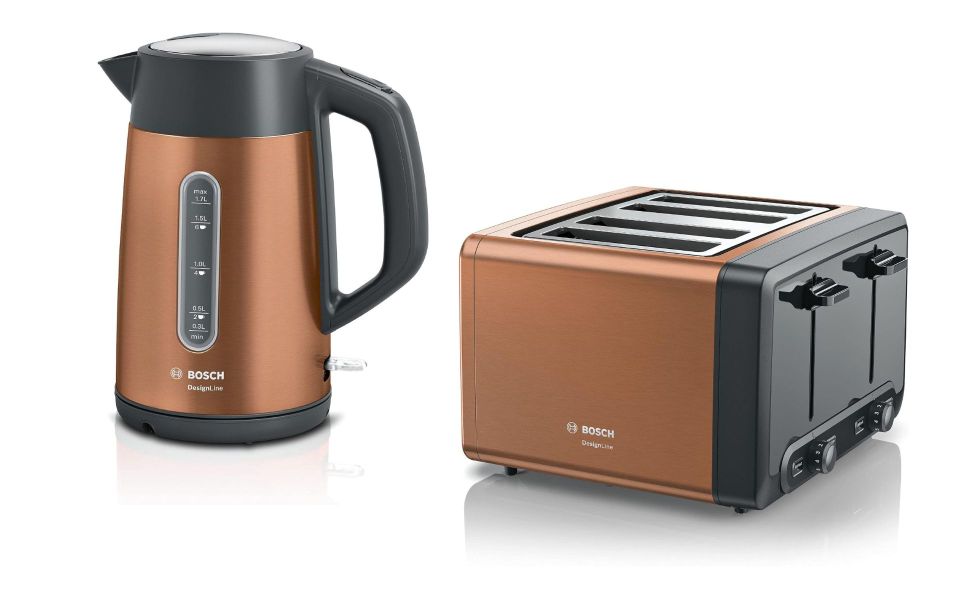 Copper-colored Bosch DesignLine cordless kettle and toaster.