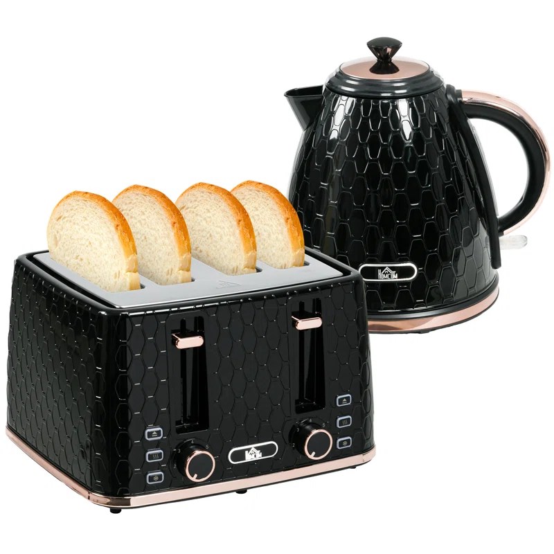 Black and rose gold four-slice toaster and kettle set.