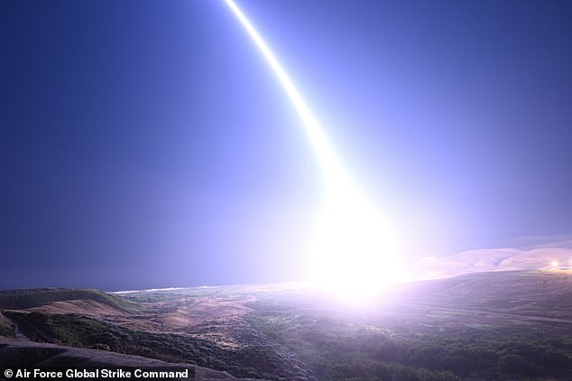 File image shows an operational test launch of an Air Force Global Strike Command unarmed Minuteman III intercontinental ballistic missile launched from Vandenberg Space Force Base