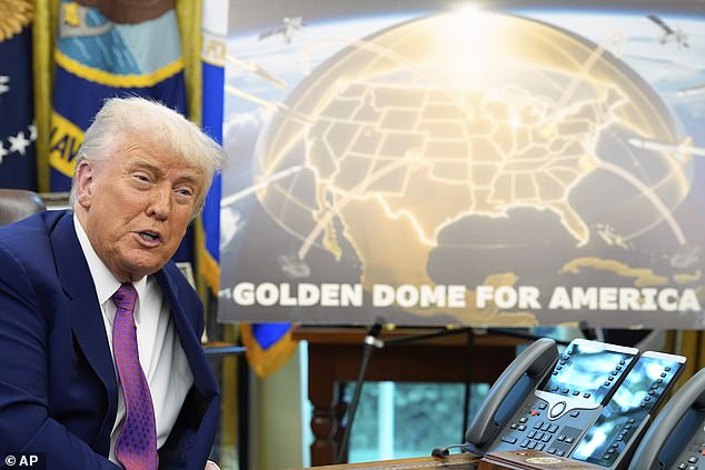 President Donald Trump speaks in the Oval Office during the unveiling of the Golden Dome plan