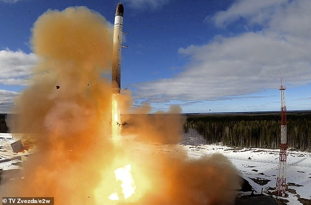 File image shows a Russian Sarmat missile test launch on April 20, 2022
