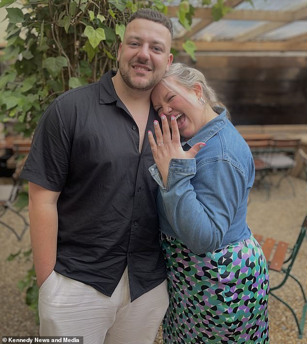 Not wanting to look as though she'd been stood up, Sophie headed to the bar where she ordered a double rum and coke, and it was there that she got chatting to James Willis, 26 (Sophie pictured with her husband, James, after getting engaged)